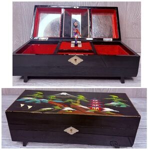 Vintage 1950 Japanese Musical Ballerina Jewellery Box Black Lacquer Mirror Japan